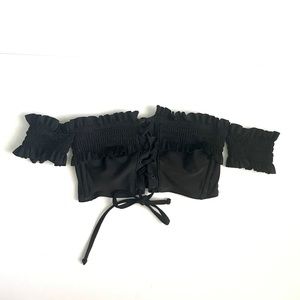 Black Off the Shoulder Lace Up Swim Top